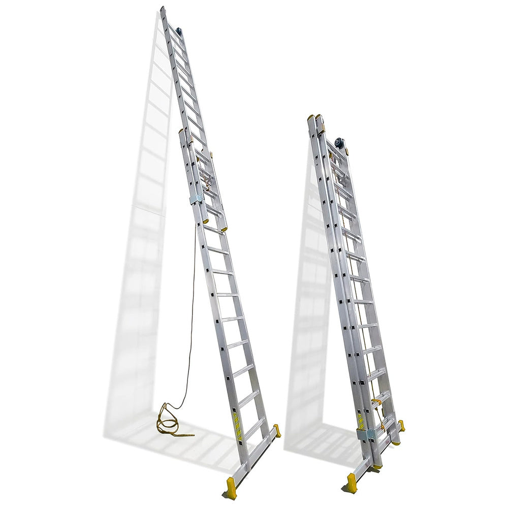 Escalera aluminio 2 tramos mecánica 14 peldaños. Plegable, telescópica, antideslizante, resistente