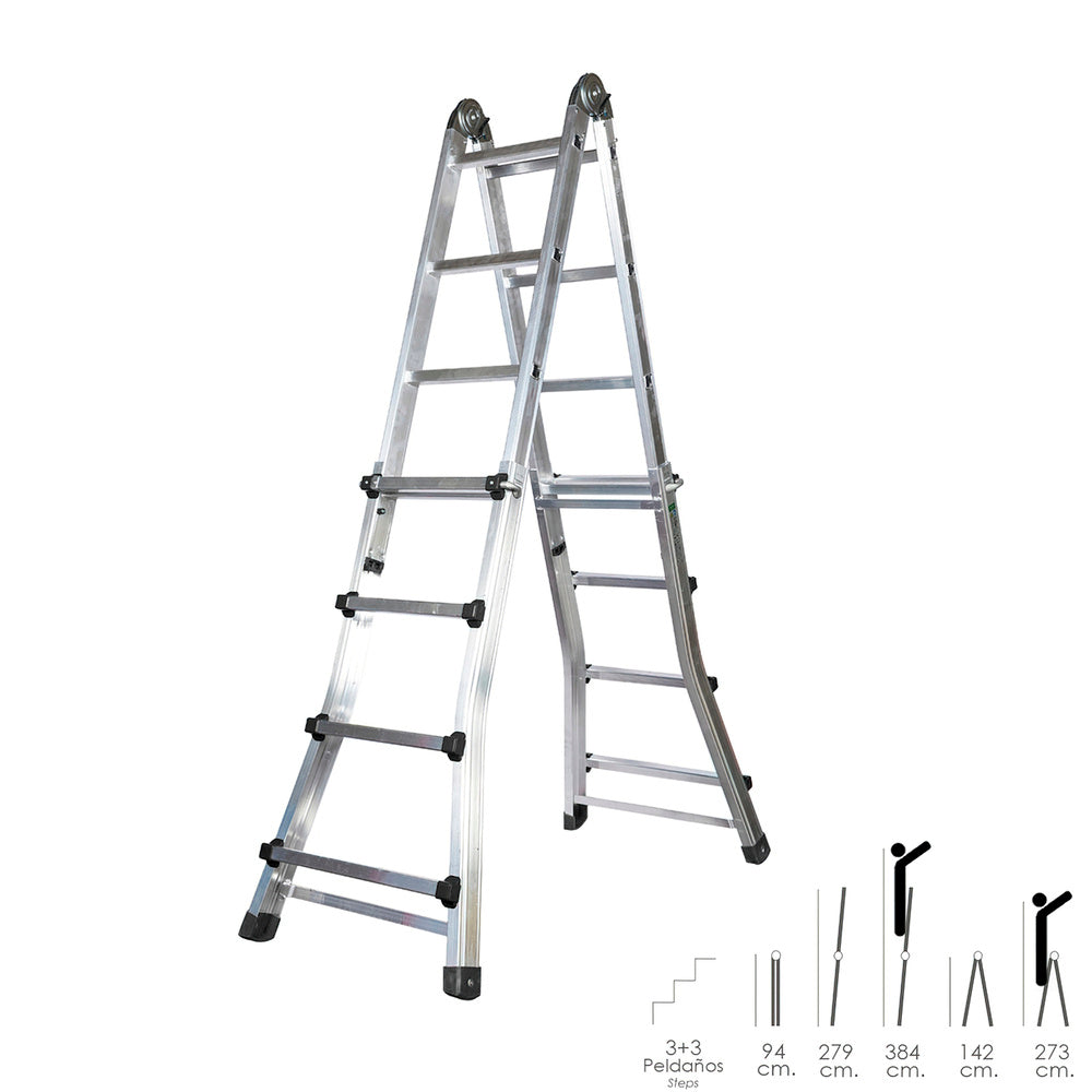 Escalera telescópica aluminio  3+3 peldaños perfil 67 mm
