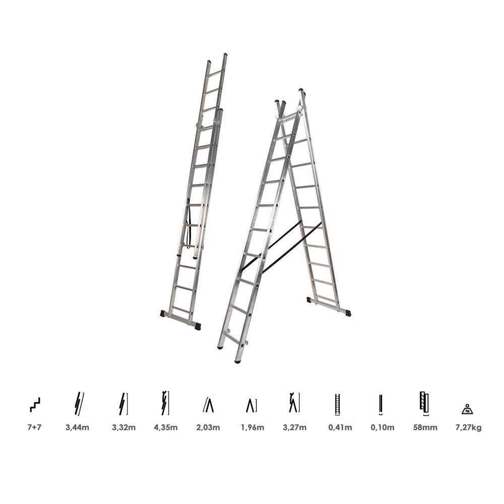 Escalera aluminio 2 tramos 7+7 peldaños. Plegable, antideslizante, resistente