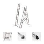 Aluminum ladder 2 sections 9+9 steps. Foldable, non-slip, resistant