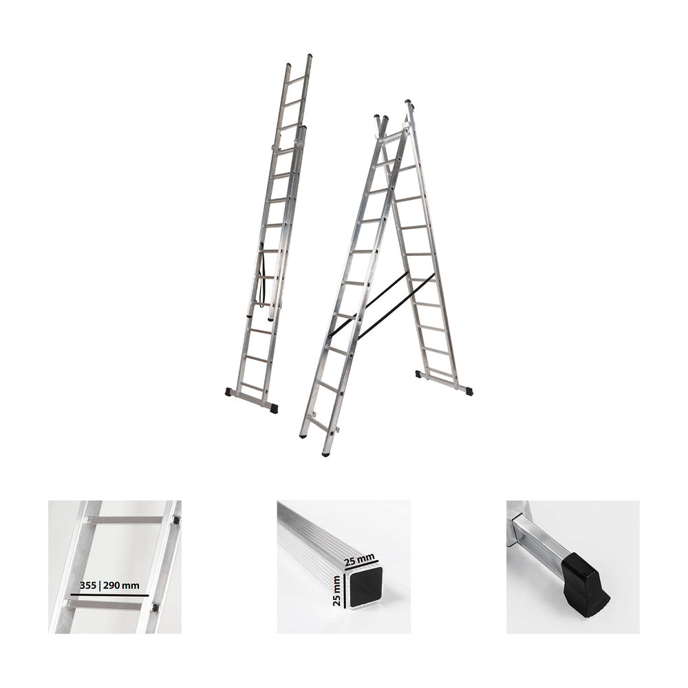 Escalera aluminio 2 tramos 9+9 peldaños. Plegable, antideslizante, resistente