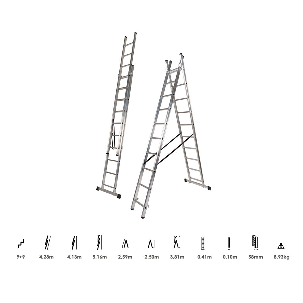 Escalera aluminio 2 tramos 9+9 peldaños. Plegable, antideslizante, resistente