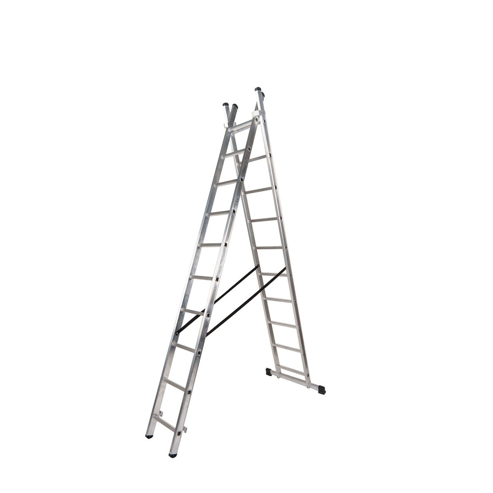 Escalera aluminio 2 tramos 9+9 peldaños. Plegable, antideslizante, resistente