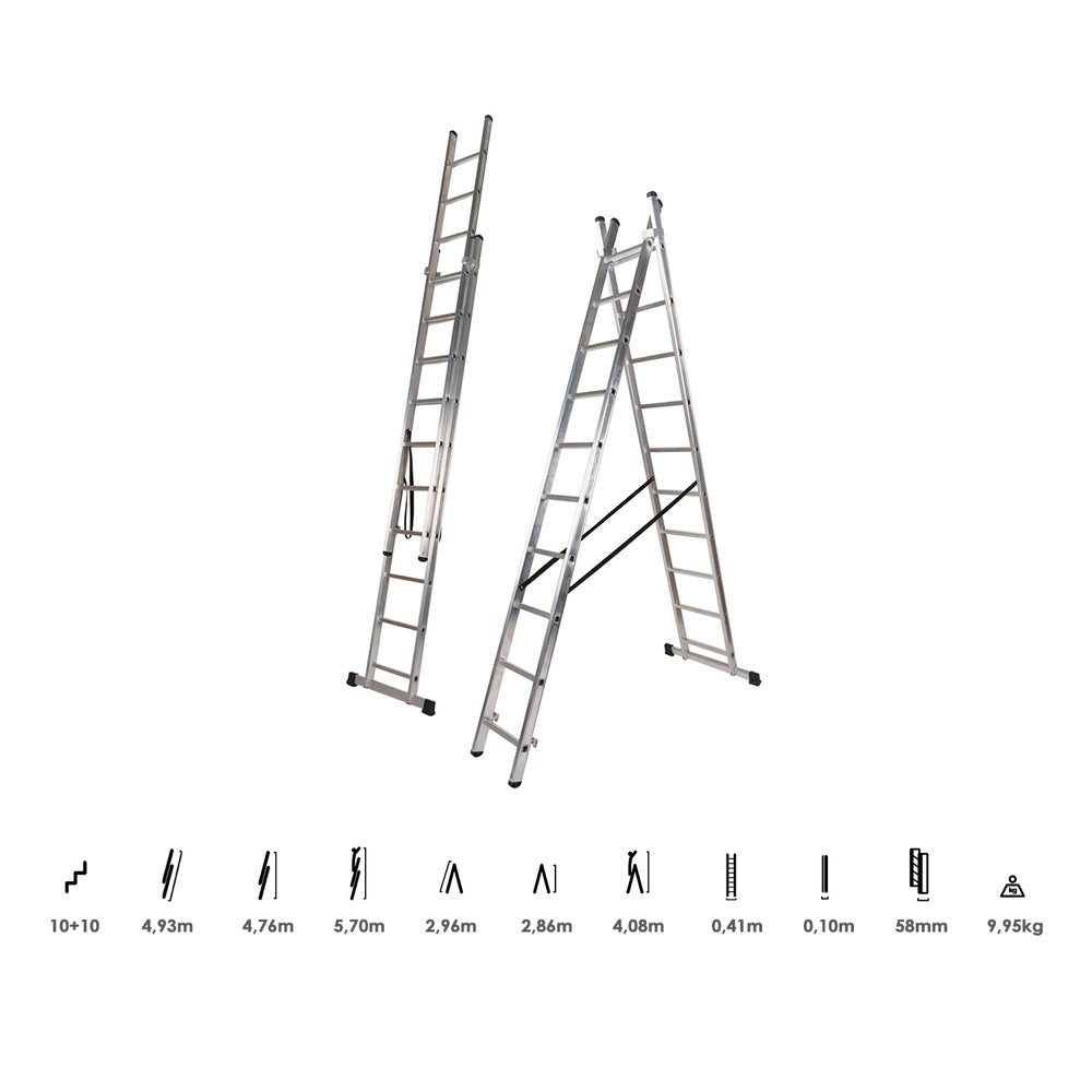 Aluminum ladder 2 sections 10+10 steps. Foldable, non-slip, resistant
