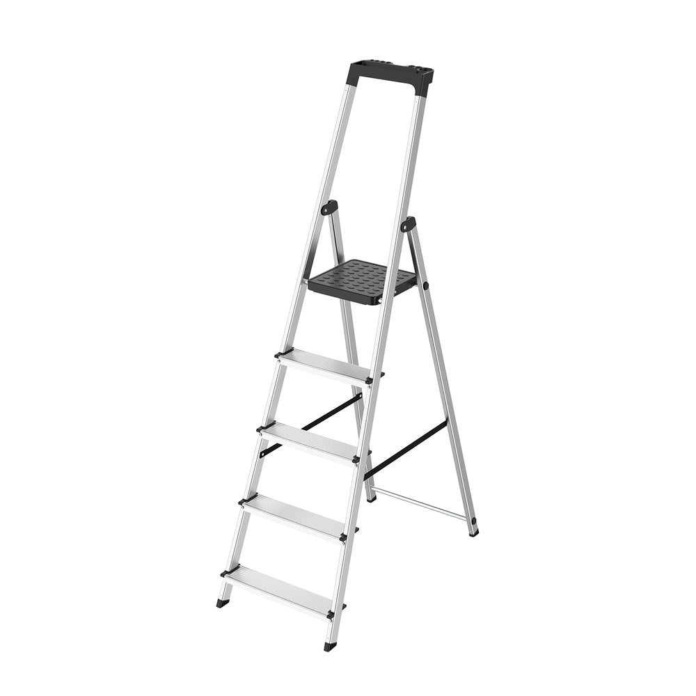 Escalera aluminio 5 peldaños uso domestico certificada en 131 con bandeja para herramientas.