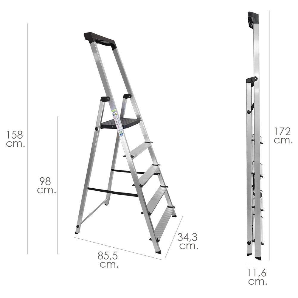 Escalera aluminio 5 peldaños uso domestico certificada en 131 con bandeja para herramientas.