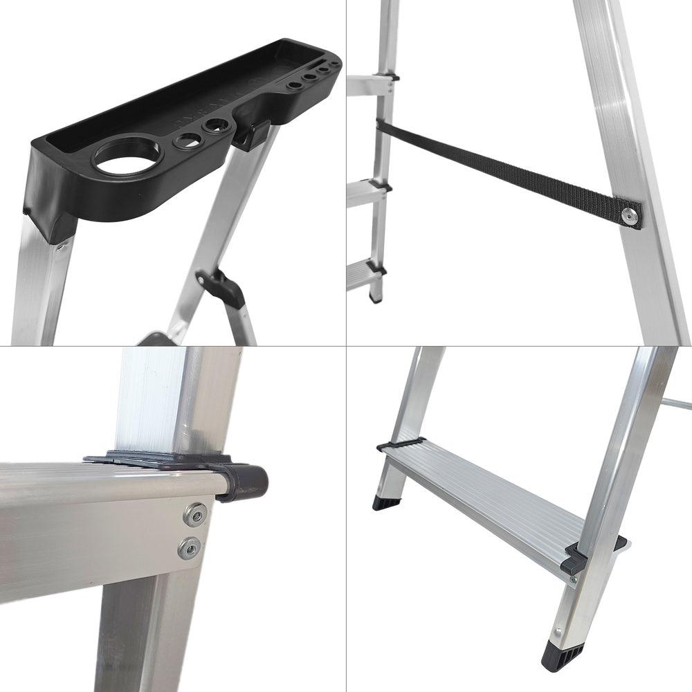 Escalera aluminio 5 peldaños uso domestico certificada en 131 con bandeja para herramientas.