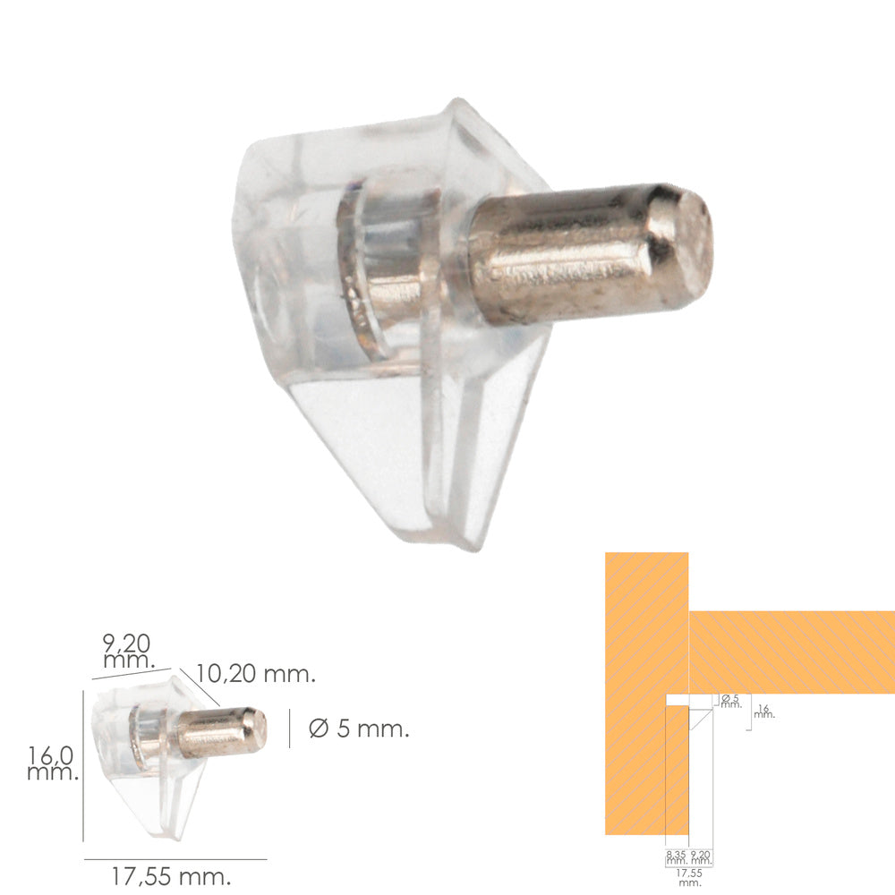 Soporte de plástico con anclaje metalico 5 ø mm para estanterias / estantes (caja 100 unidades)