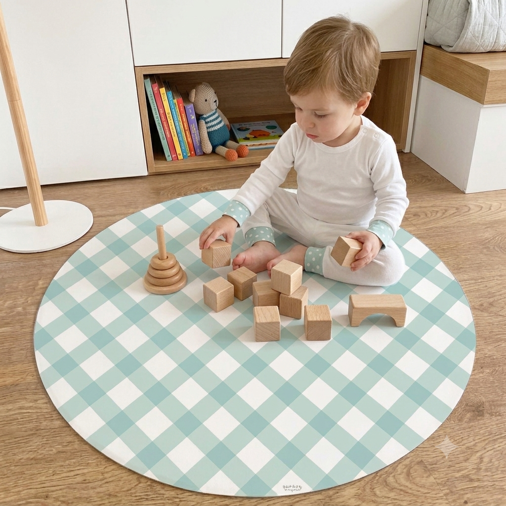 Vinyl rug with mint gingham design | 95 cm diameter