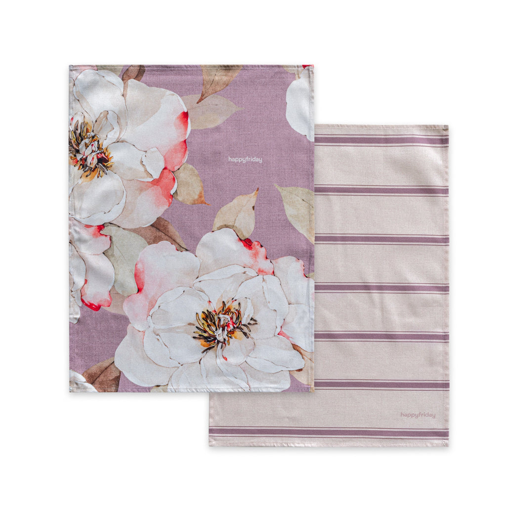 Pano de loiça com estampado de peónias brancas, conjunto com 2 unidades, 70x50 cm