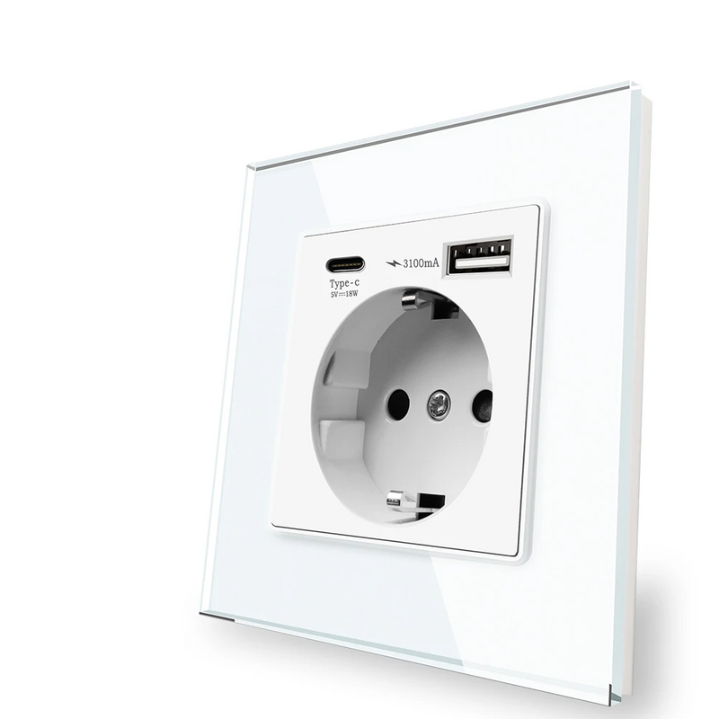 Enchufe con marco de cristal templado estándar EU de pared con interfaz dual 1A1C Serie D1Enchufes