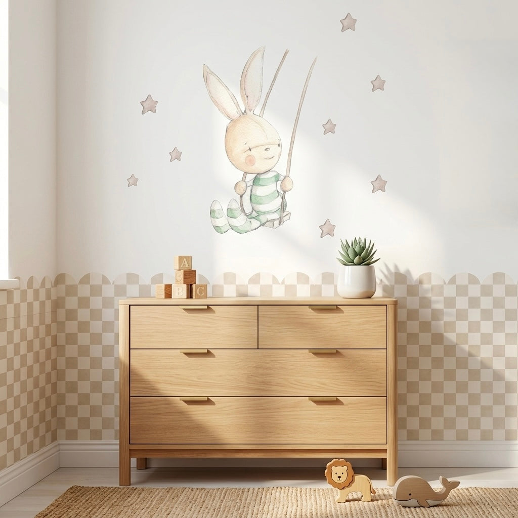 Vinil decorativo infantil com coelho a abanar, pintado à mão