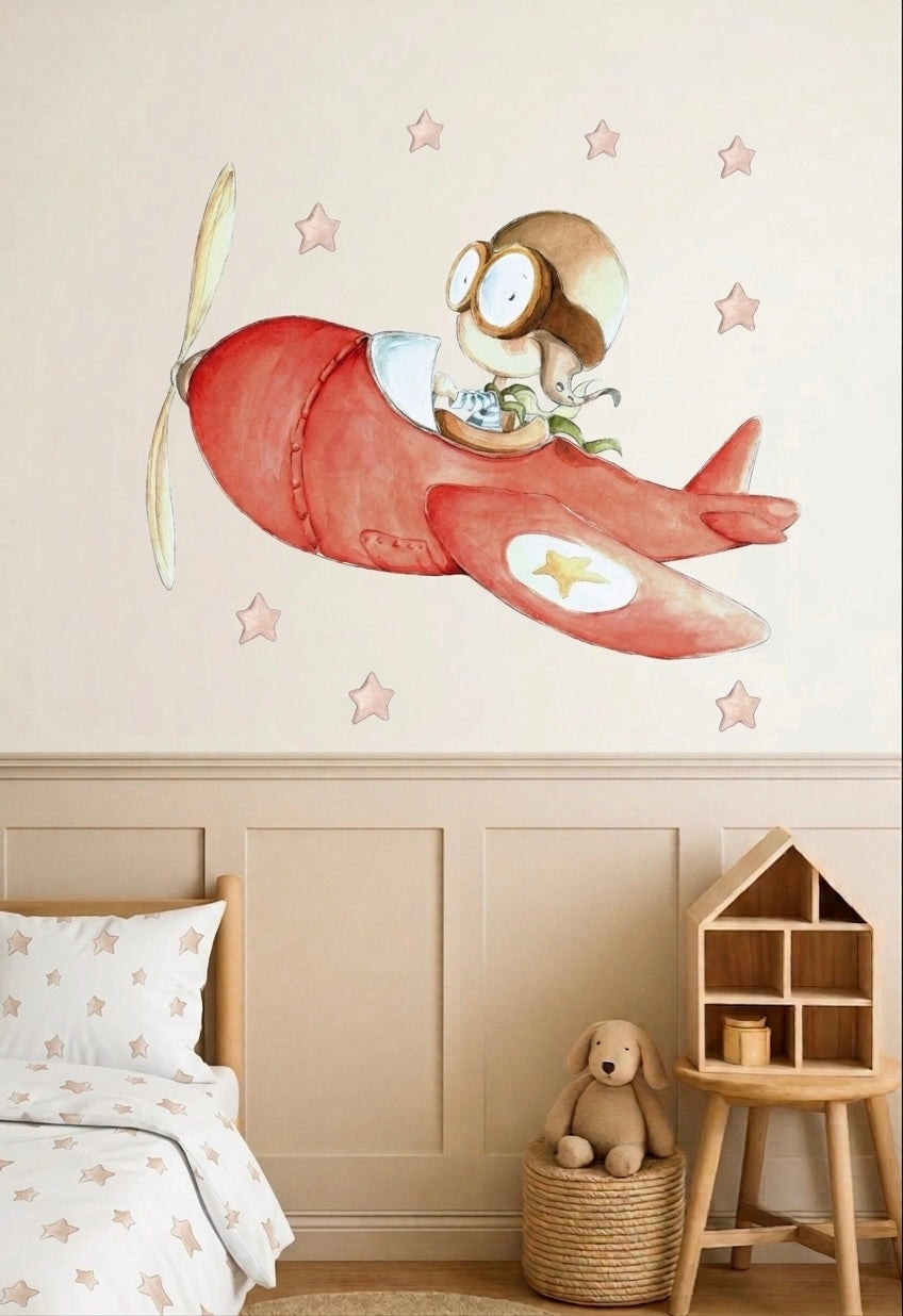 Vinilo Decorativo Infantil Avión Rápido Pintado A Mano | Ideal Para Niños