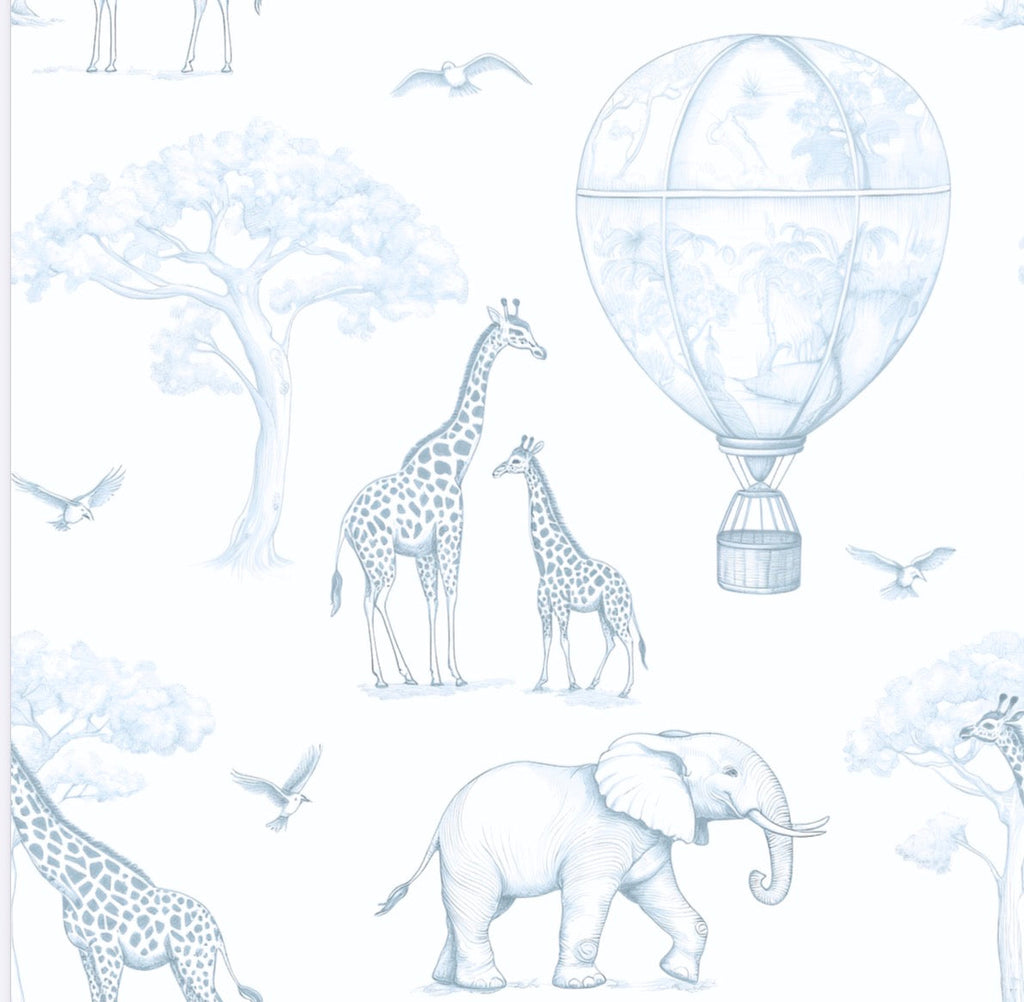 Papel pintado infantil jirafas globos | azul empolvado