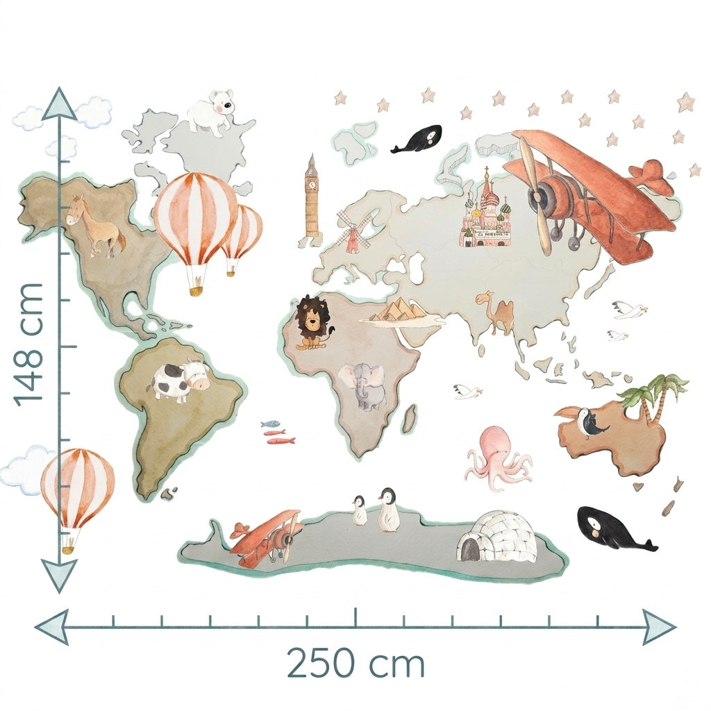 Children's decorative vinyl world map XL with balloons 220x180cm