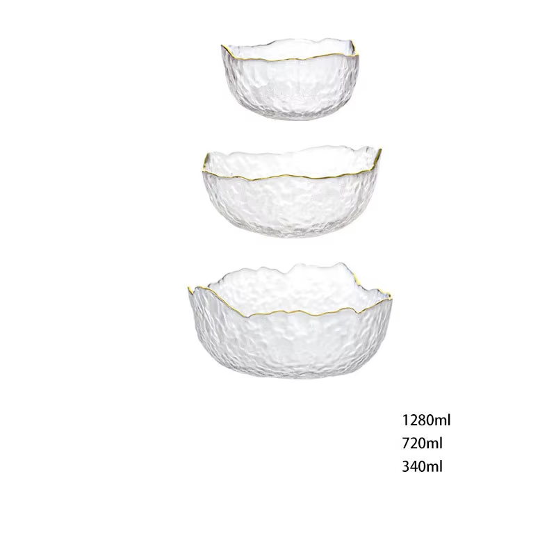 Cuenco de vidrio estilo japonés con borde doradoFuentes