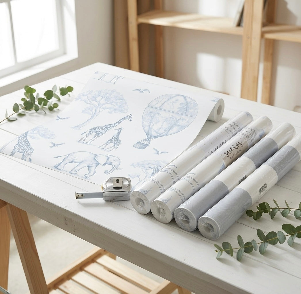 Papel pintado infantil jirafas globos | azul empolvado