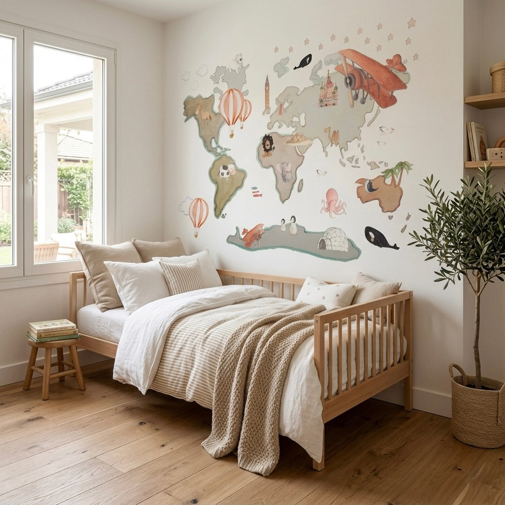 Children's decorative vinyl world map XL with balloons 220x180cm