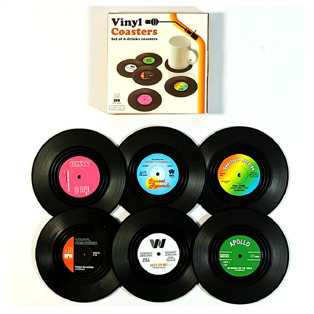 Retro coasters with vinyl record design, pack of 6 units