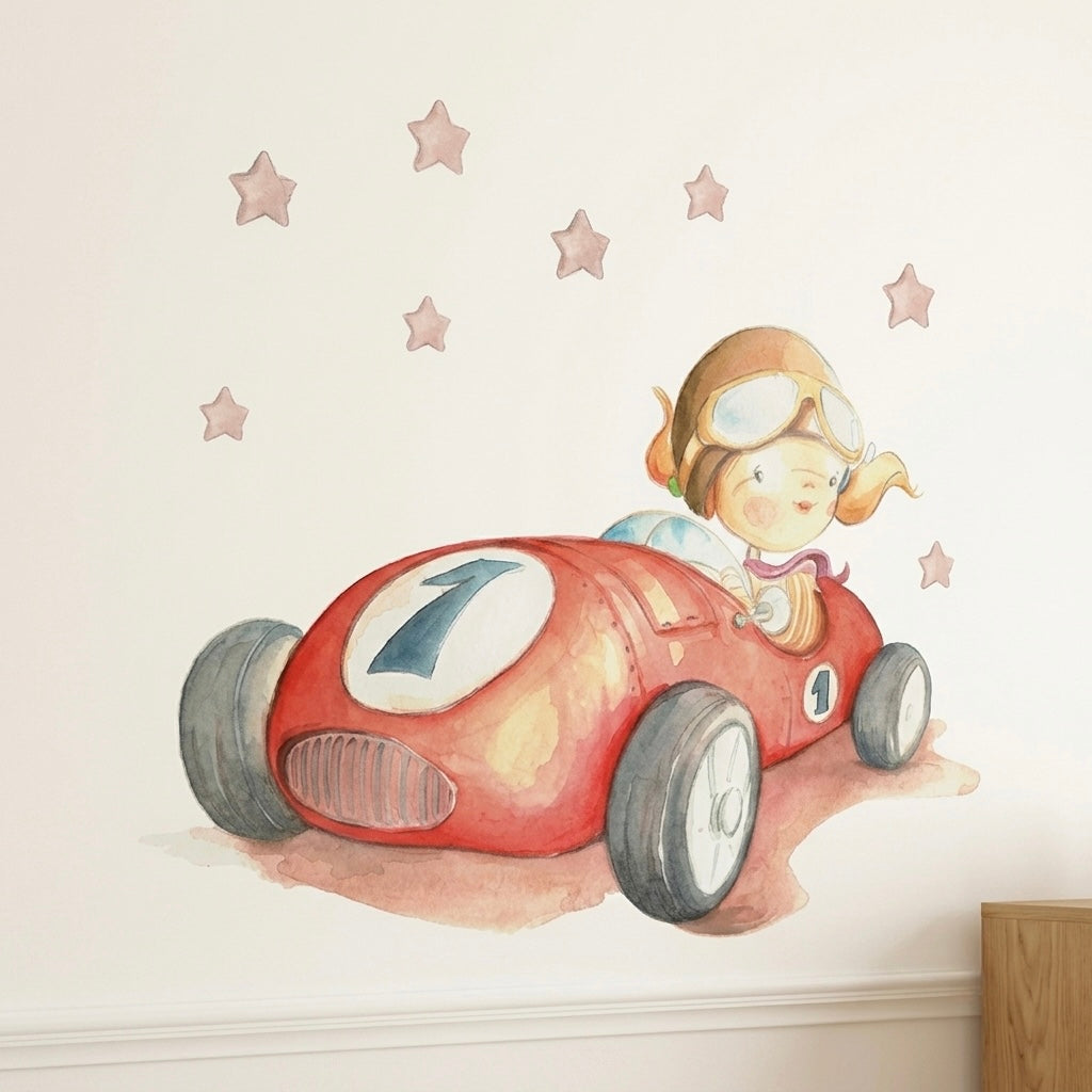 Vinilo decorativo infantil coche Fast Car pintado a mano