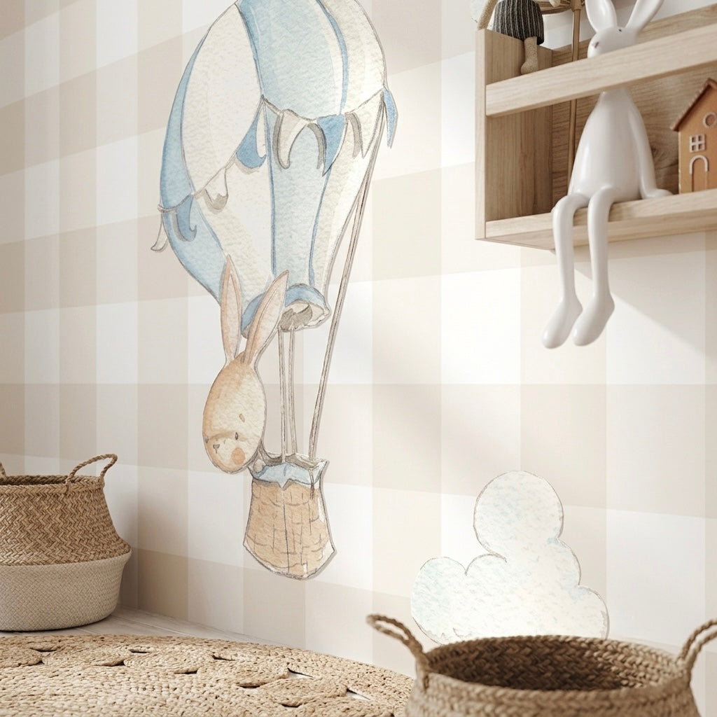 Vinilo decorativo infantil con diseño conejo en globo para niños