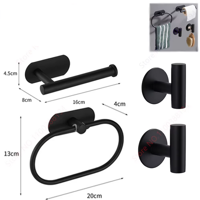 Black set of adhesive bathroom holders