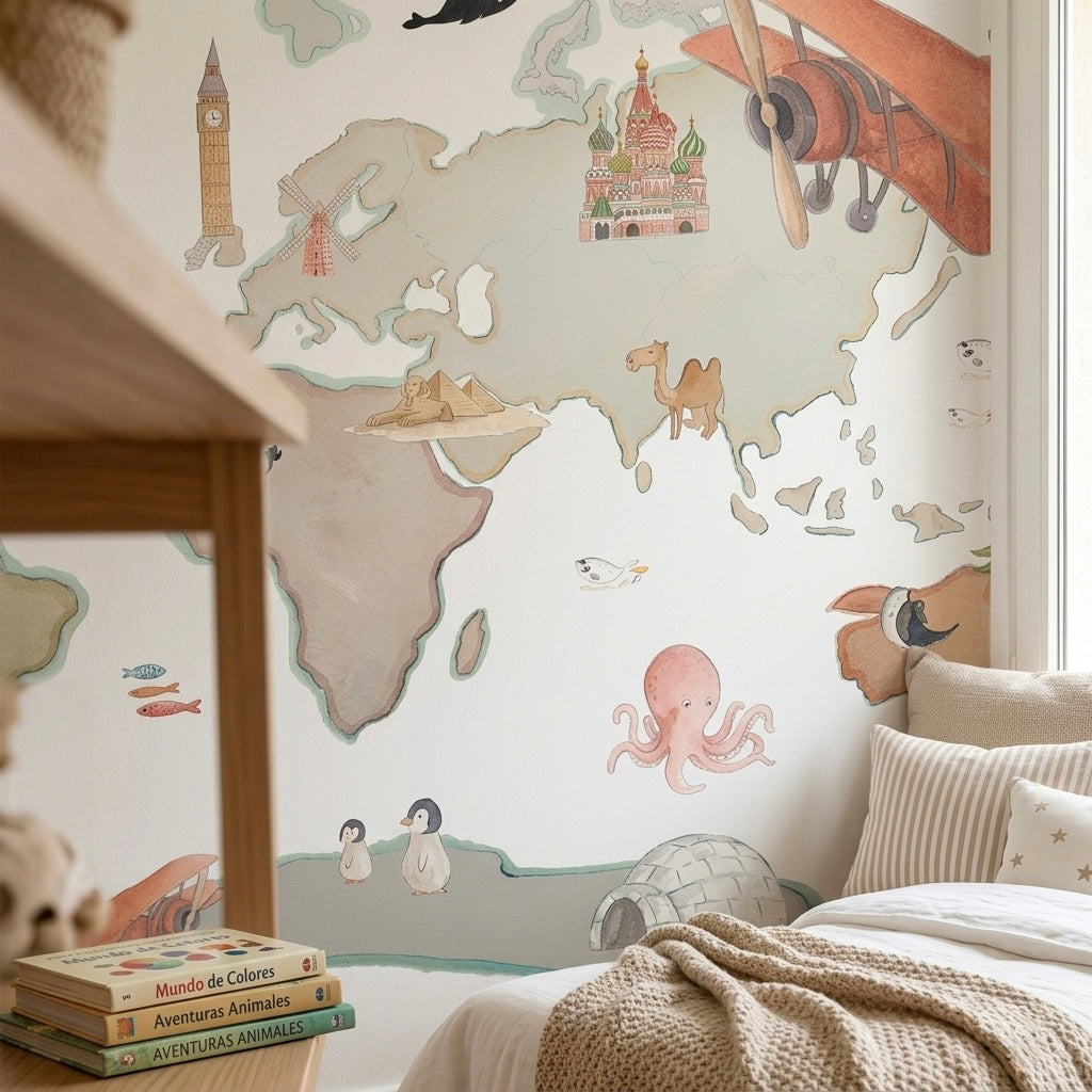 Children's decorative vinyl world map XL with balloons 220x180cm