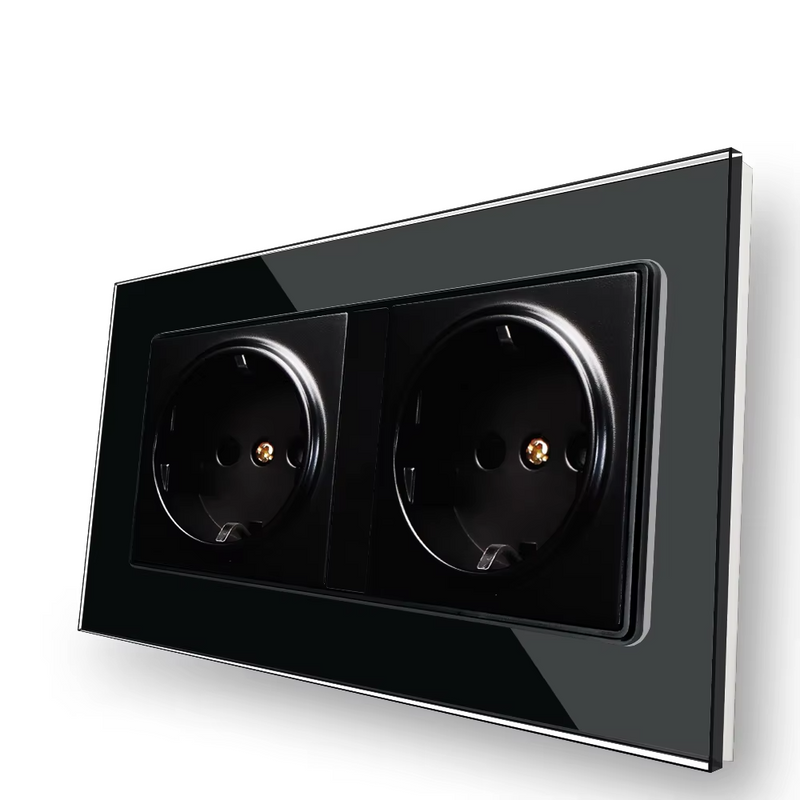 Enchufe EU doble de pared con panel de cristal templado negro Serie D1, con puertos de carga USBEnchufes