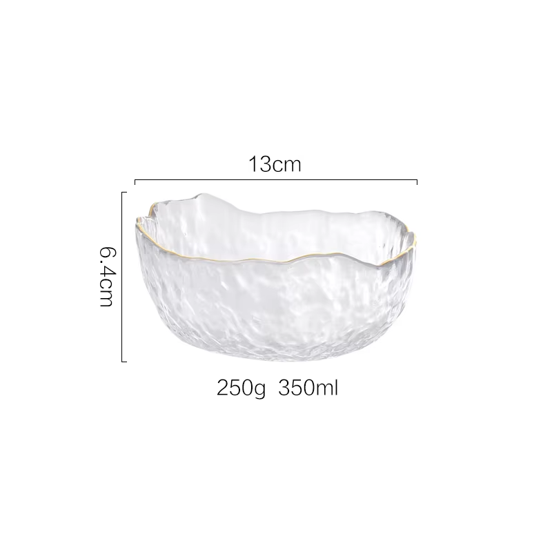 Cuenco de vidrio estilo japonés con borde doradoFuentes