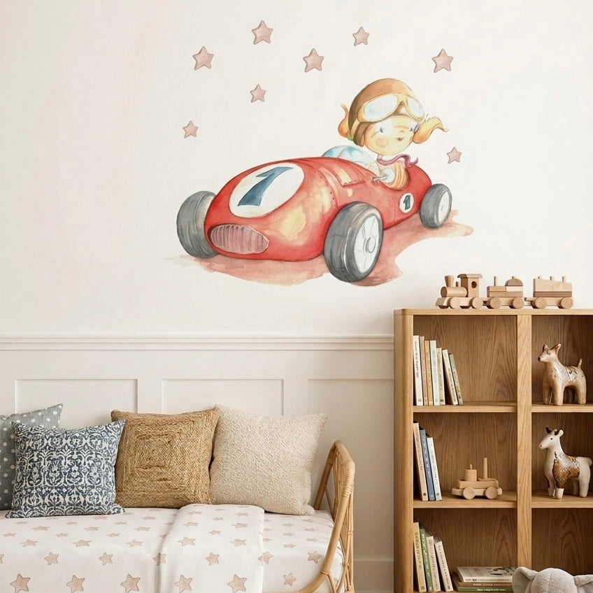 Vinilo decorativo infantil coche Fast Car pintado a mano