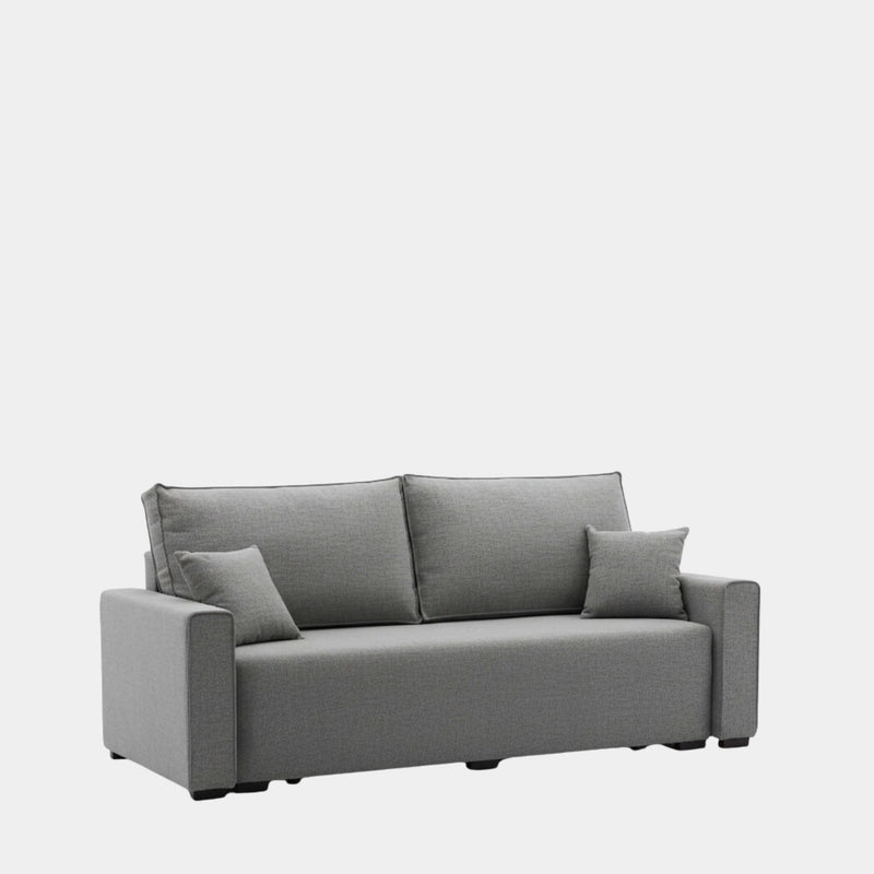 Sofá cama gris con apertura libro y almacenamiento