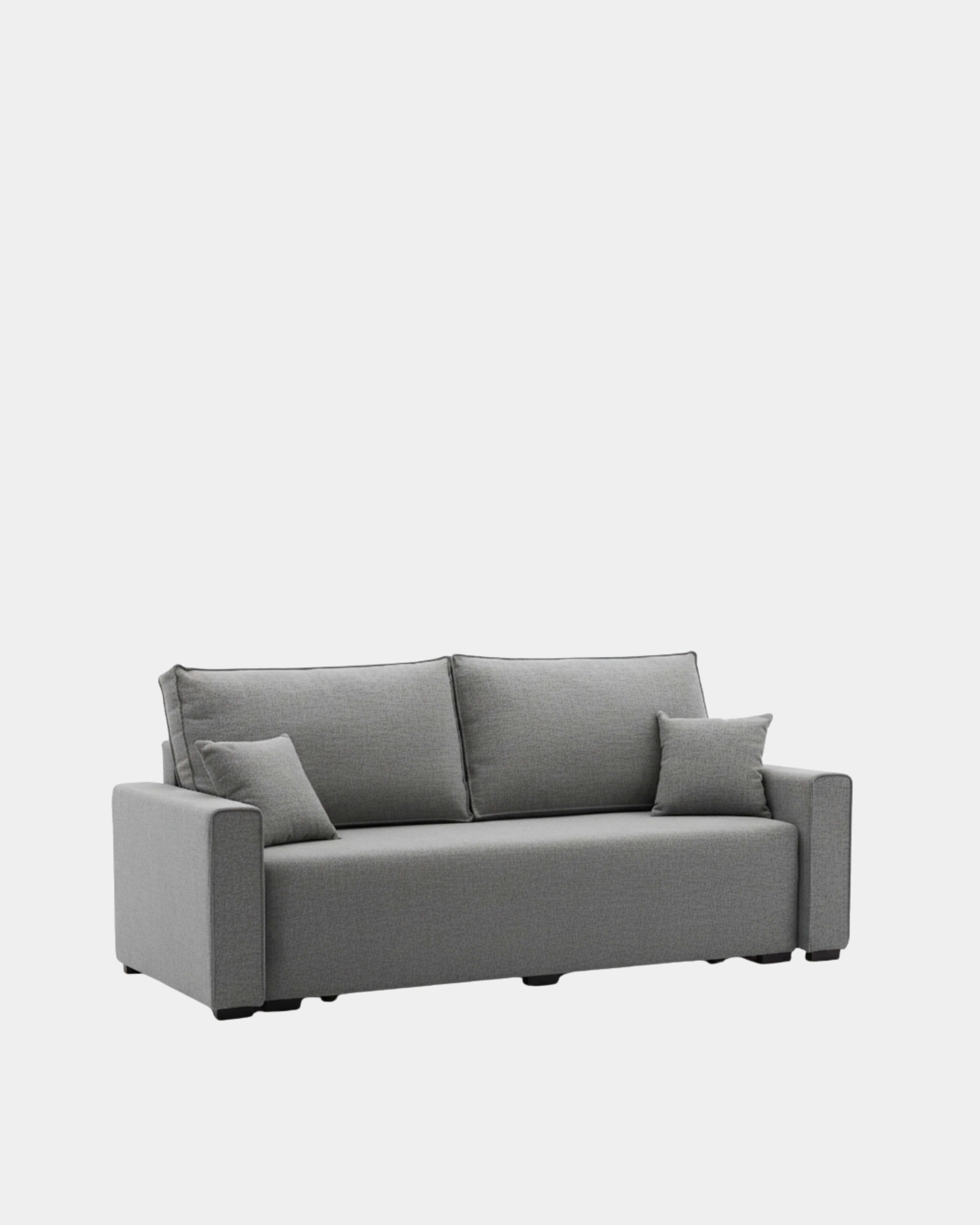 Sofá cama gris con apertura libro y almacenamiento