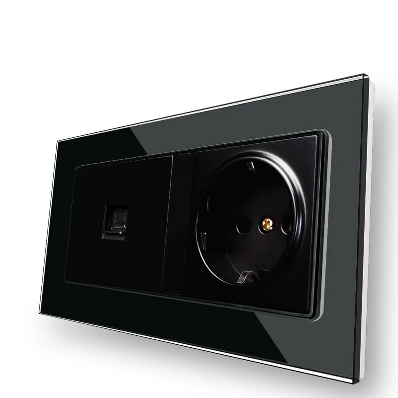Duo conexión + enchufe EU de pared con panel de cristal templado negro Serie D1Enchufes