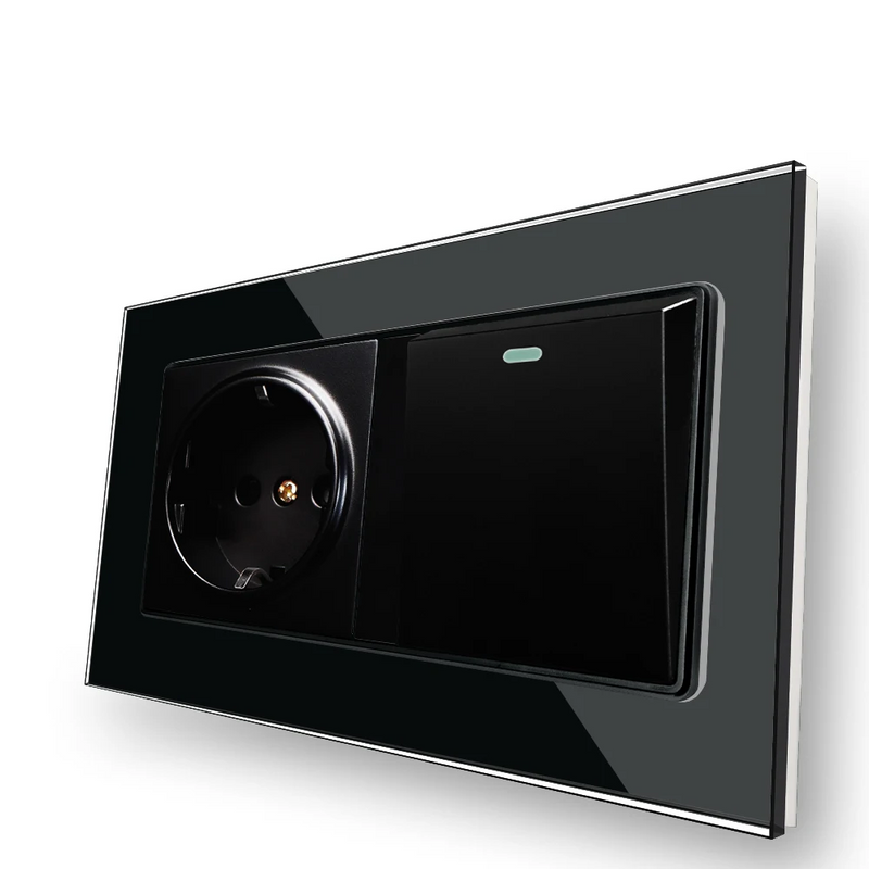 Duo enchufe EU + interruptor con panel de cristal templado negro Serie D1Enchufes e interruptores