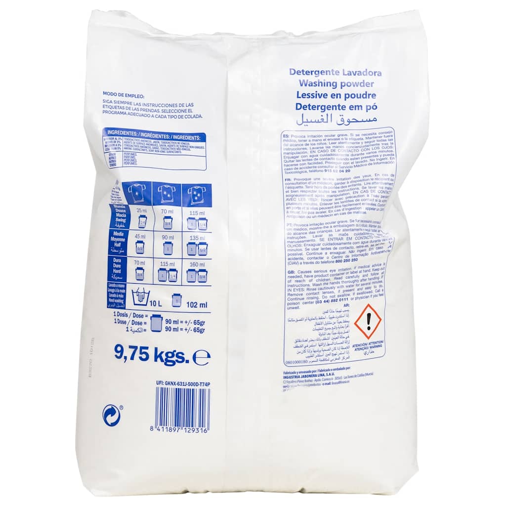 Detergente en polvo para 150 lavados blanco 9,75kg