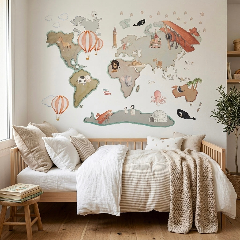 Children's decorative vinyl world map XL with balloons 220x180cm