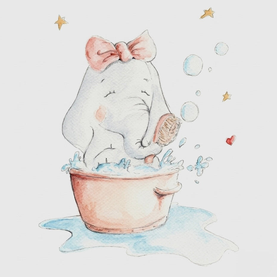 Hand-painted elephant bathing wall decal for children