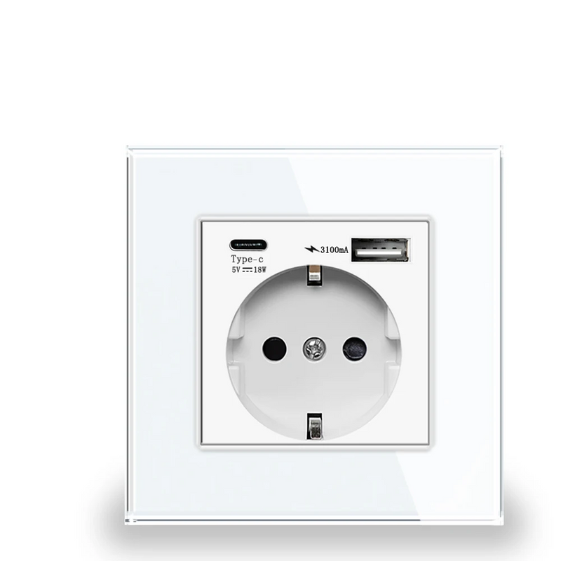 Enchufe con marco de cristal templado estándar EU de pared con interfaz dual 1A1C Serie D1Enchufes