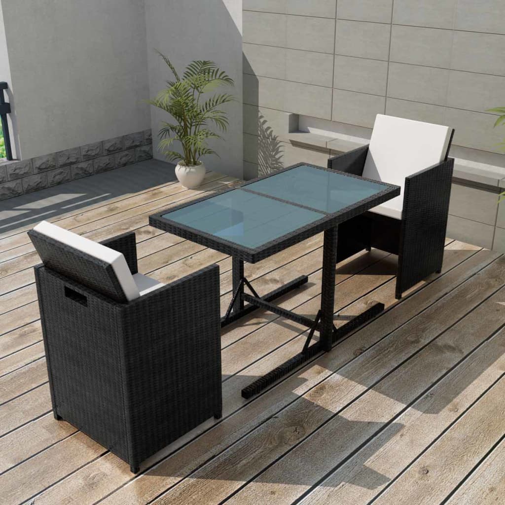 Mesa y sillas bistró de jardín 3 pzs y cojines poli ratán beige