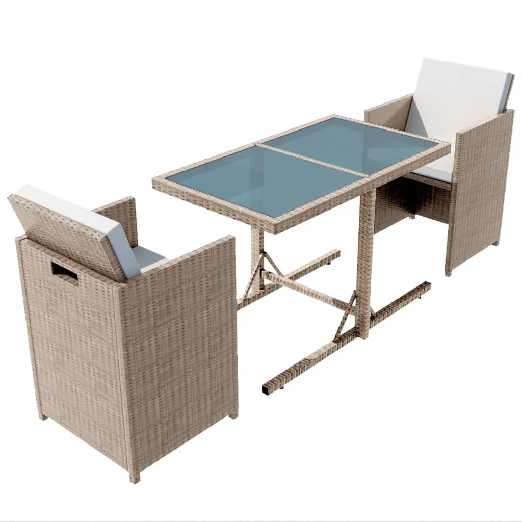 Mesa y sillas bistró de jardín 3 pzs y cojines poli ratán beige
