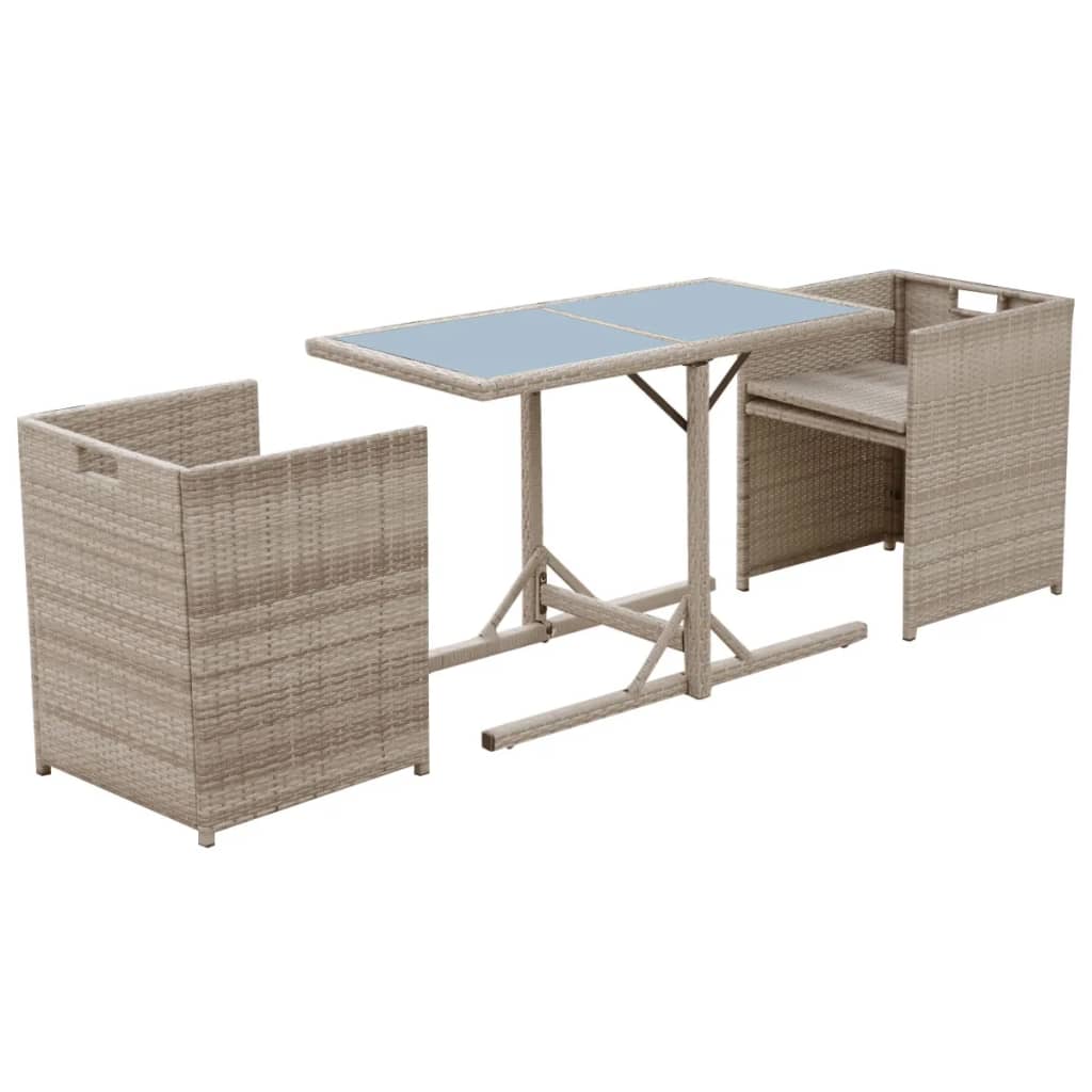 Mesa y sillas bistró de jardín 3 pzs y cojines poli ratán beige