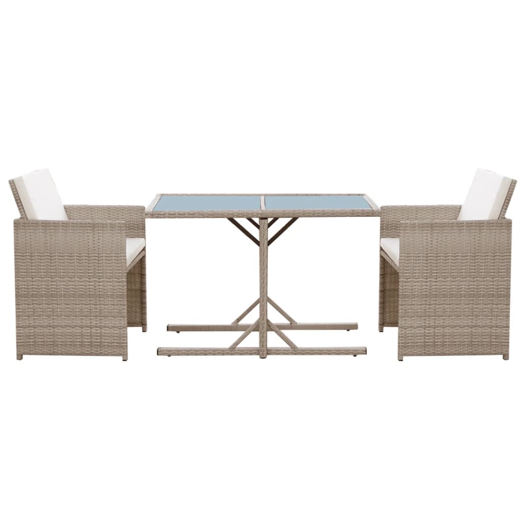 Mesa y sillas bistró de jardín 3 pzs y cojines poli ratán beige