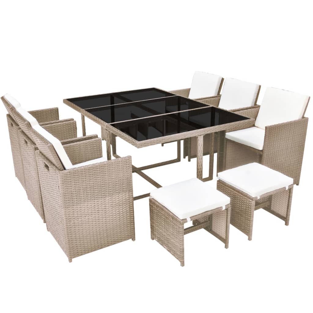 Set comedor de jardín 11 piezas y cojines ratán sintético beige