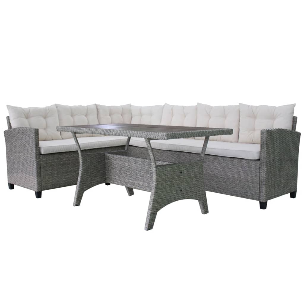 Set de muebles de jardín 3 pzas y cojines ratán sintético gris