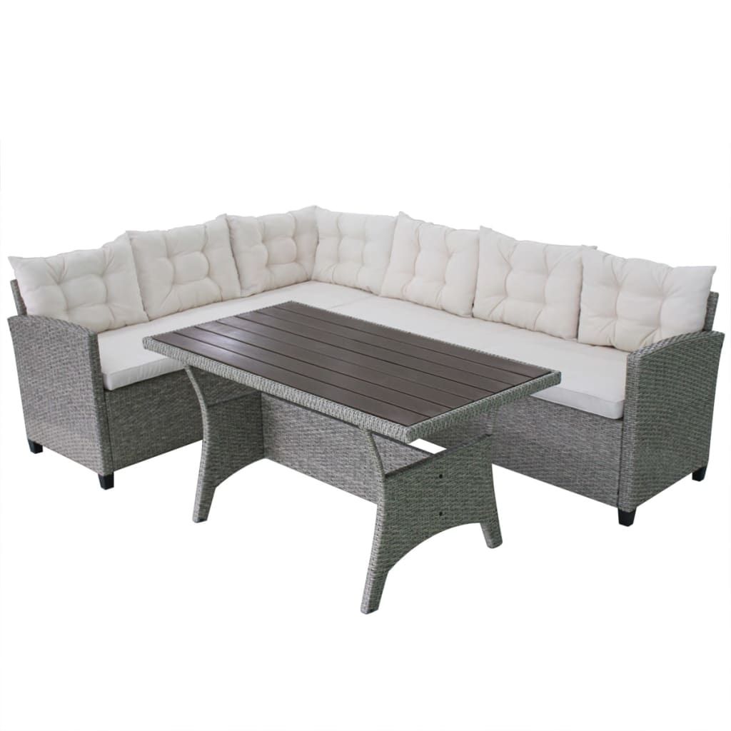 Set de muebles de jardín 3 pzas y cojines ratán sintético gris