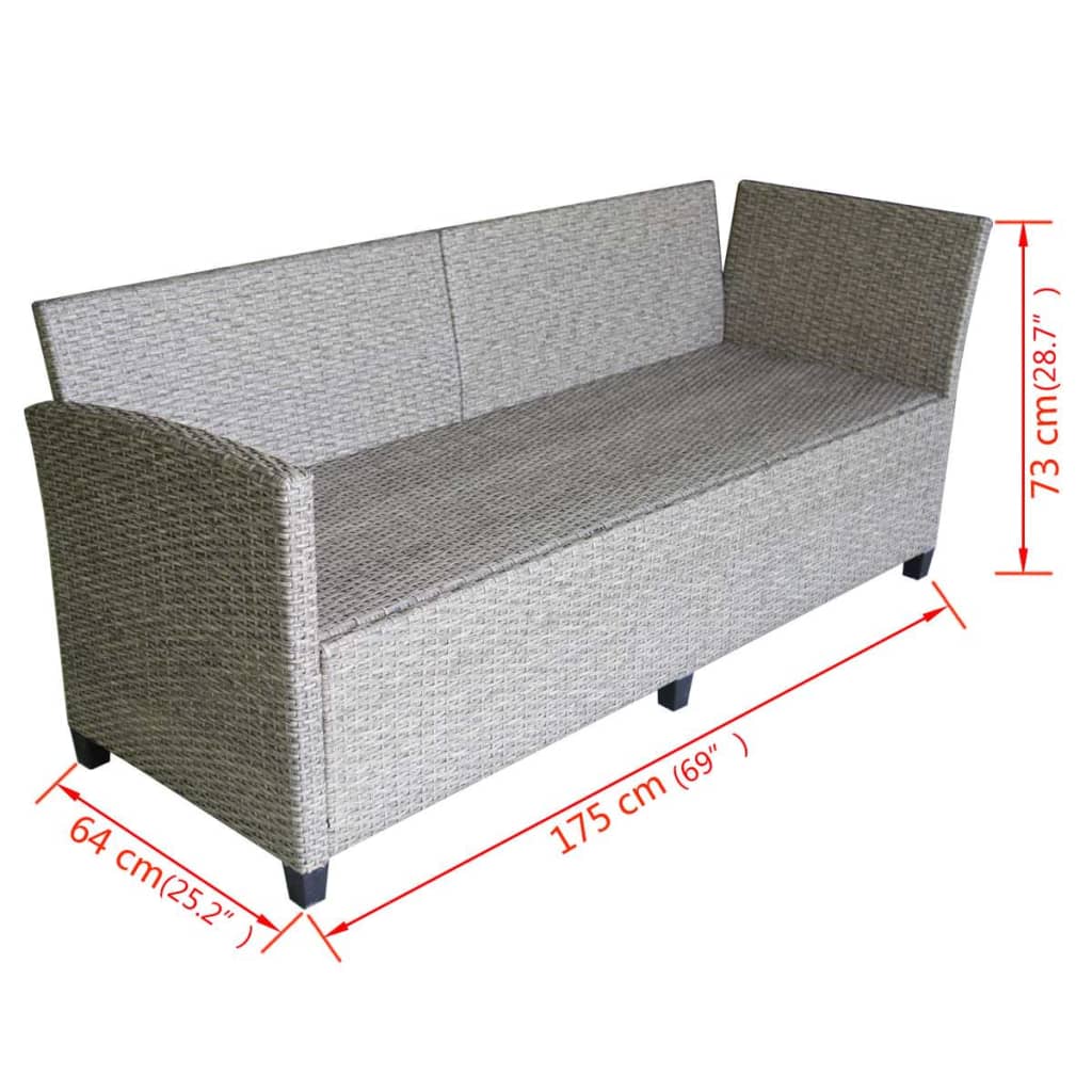 Set de muebles de jardín 3 pzas y cojines ratán sintético gris