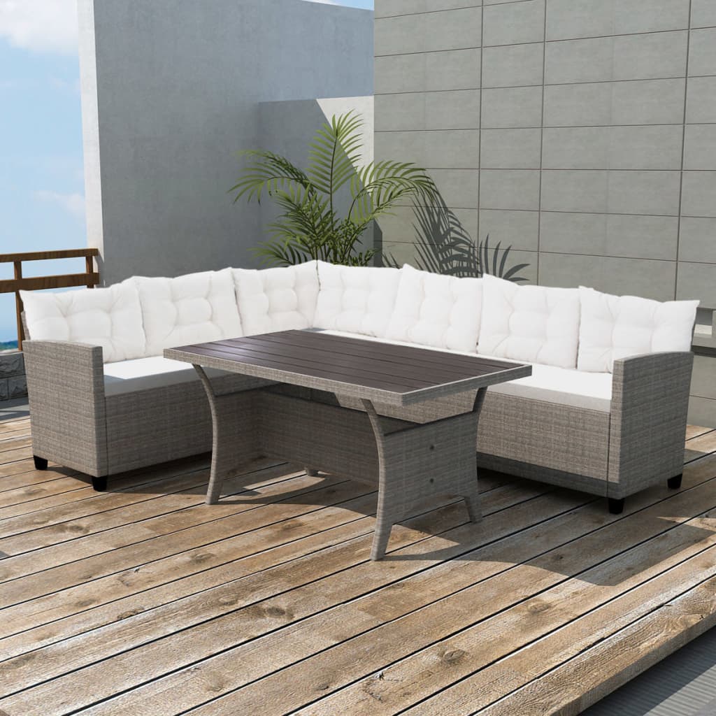 Set de muebles de jardín 3 pzas y cojines ratán sintético gris