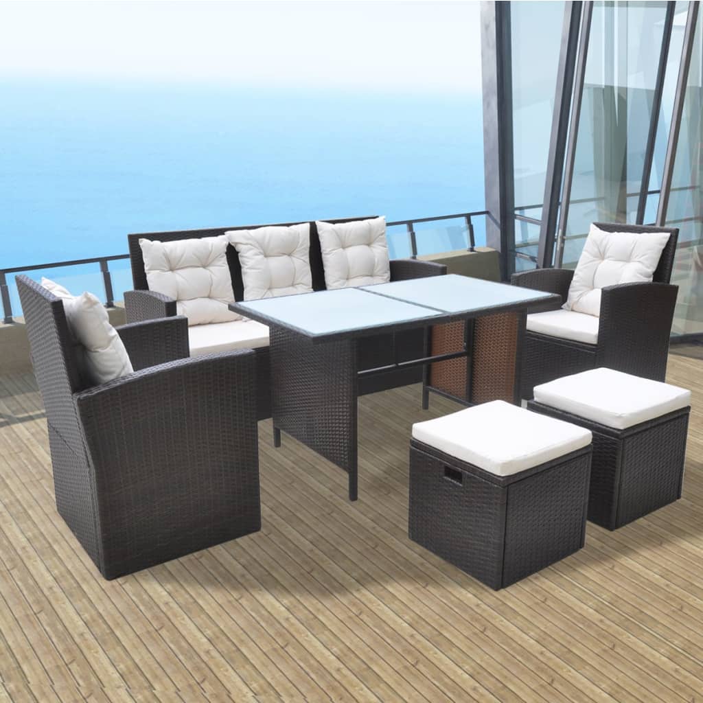 Set comedor de jardín 5 piezas y cojines ratán sintético negro