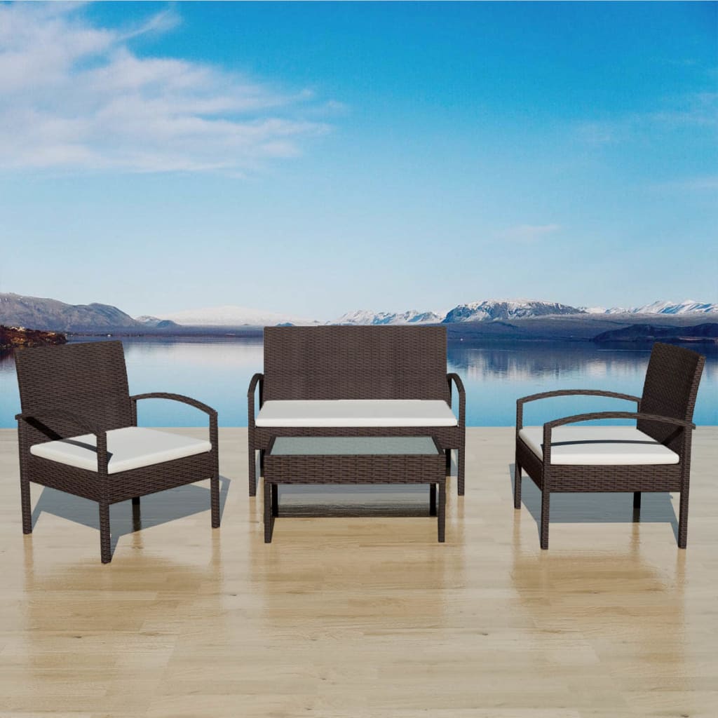 Muebles de jardín 4 piezas con cojines ratán sintético marrón