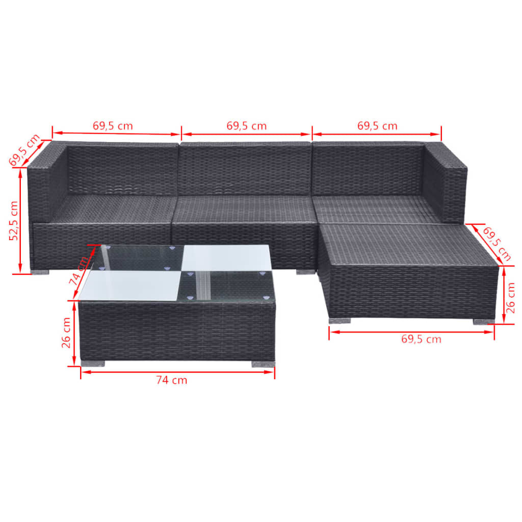 Set de muebles de jardín 5 pzas y cojines ratán sintético negro
